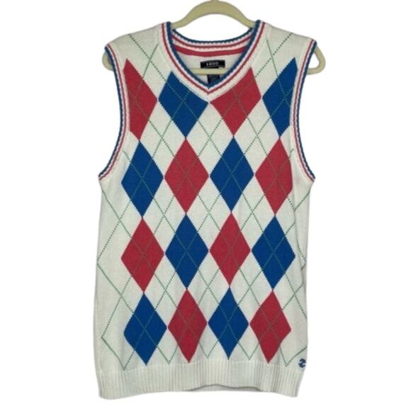 Izod Argyle white pink blue sleeveless knit sweater V-neck cotton size XL 18/20 - Picture 1 of 13
